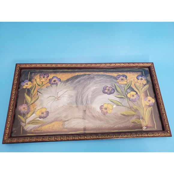 Other - E Smithson  Framed Gray Cat Folk Art Sleeping Kitty Garden Flowers Pansy 17"x9"